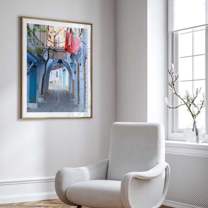 Moroccan Flag in the Blue City, Chefchaouen framed wall art in a cozy interior