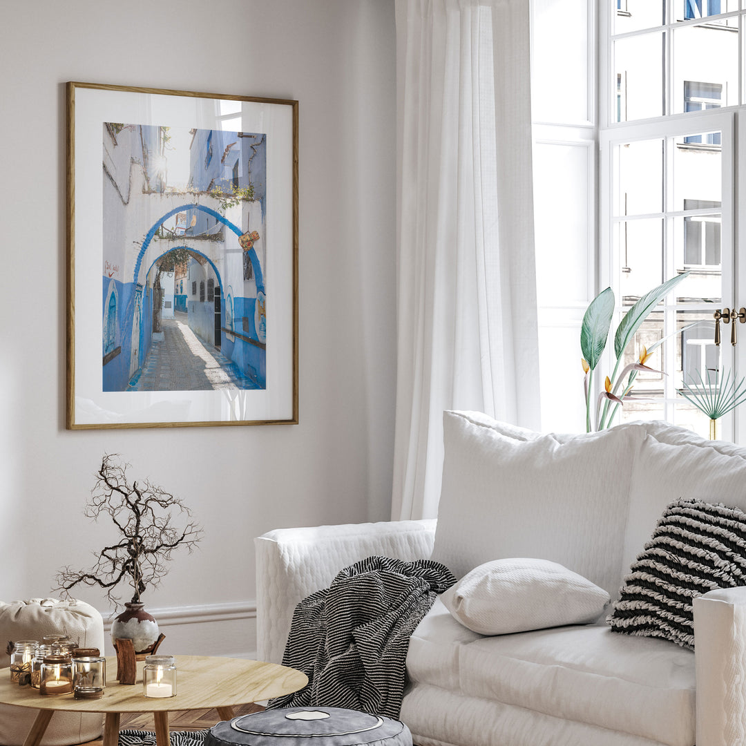 Blue Archways, Chefchaouen, Morocco wall art in a modern interior