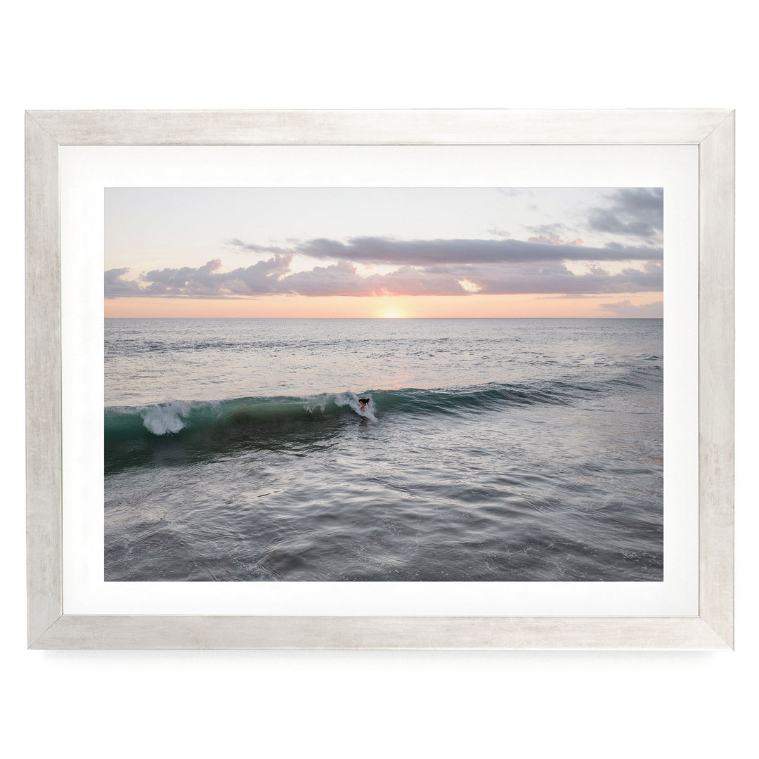 Riding the Wave at Sunset I, Costa Rica print in a silver frame with white mat