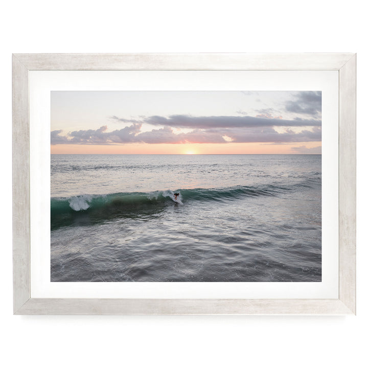 Riding the Wave at Sunset I, Costa Rica print in a silver frame with white mat