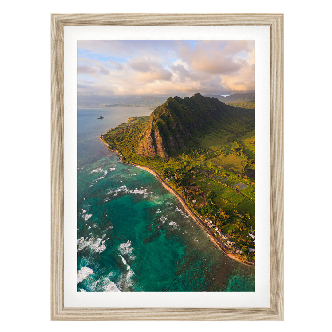 Oahu Sunrise II, Hawaii fine art print in a natural wood frame with white mat