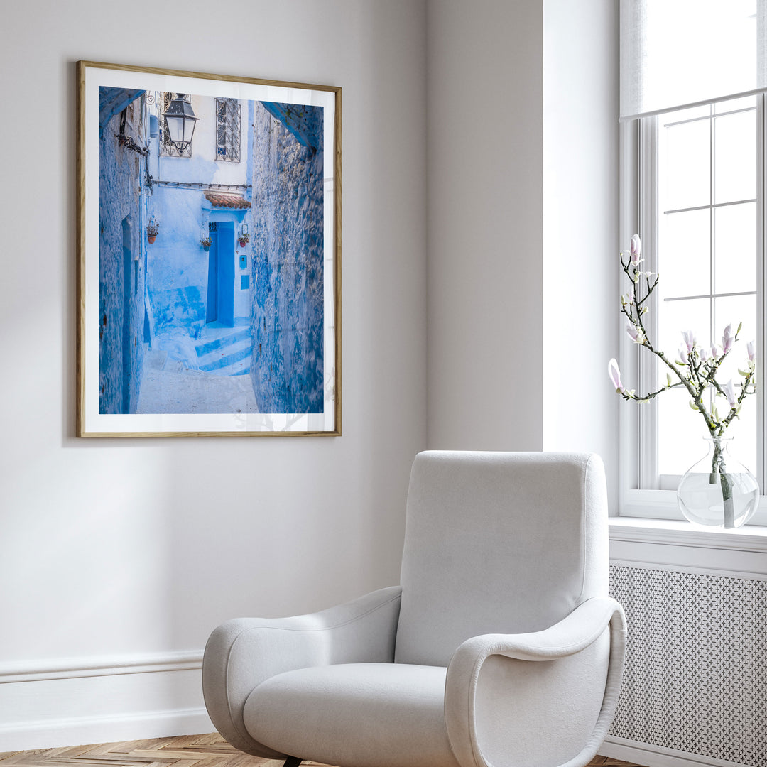 Blue Alley with Lantern, Chefchaouen, Morocco framed wall art in a cozy interior