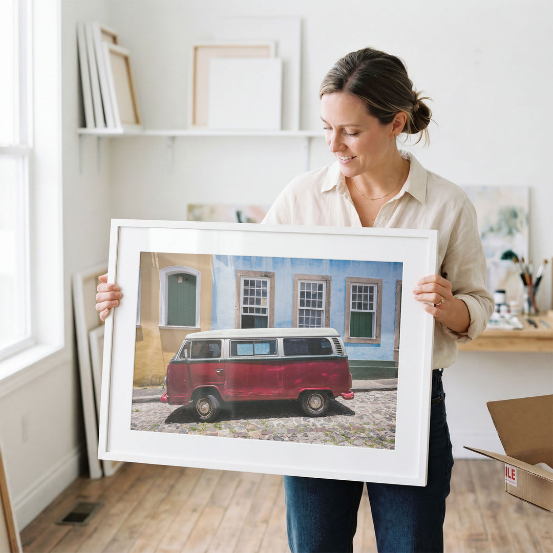 Red Kombi Van, Pelourinho, Salvador, Brazil wall art in a contemporary home