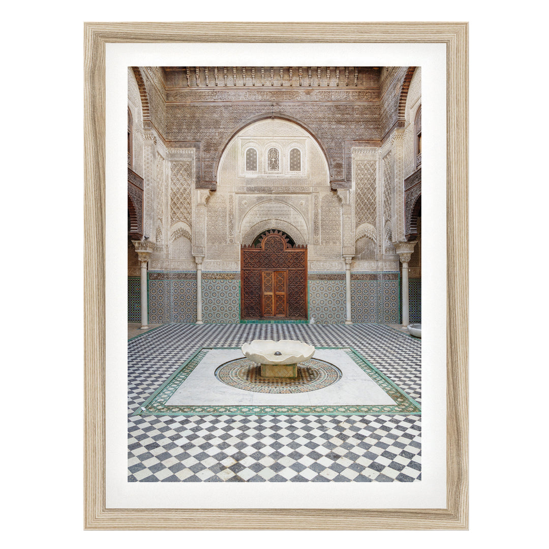 Madrasa Courtyard, Fes, Morocco fine art print in a natural wood frame with white mat