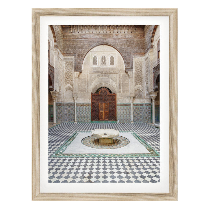 Madrasa Courtyard, Fes, Morocco fine art print in a natural wood frame with white mat