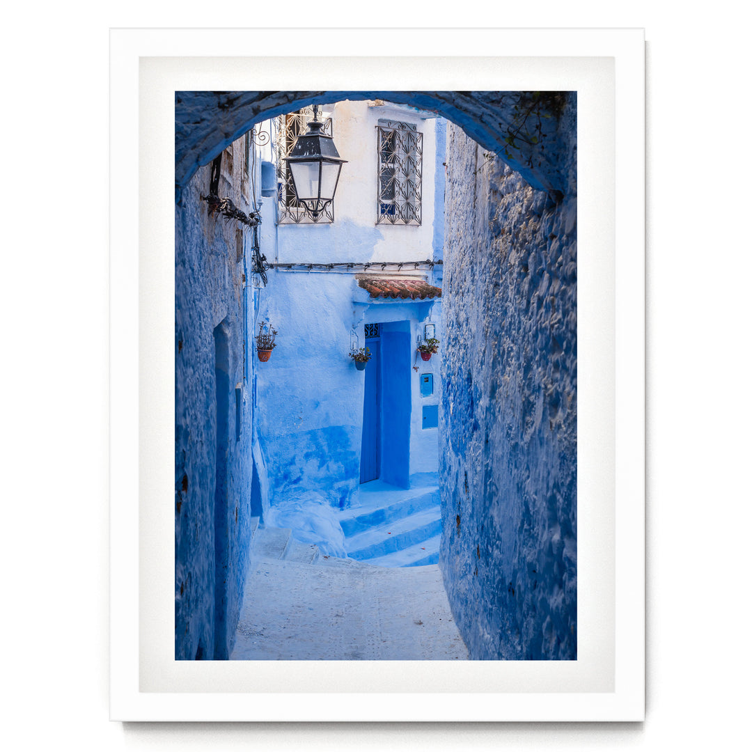 Blue Alley with Lantern, Chefchaouen, Morocco print in a white frame with white mat