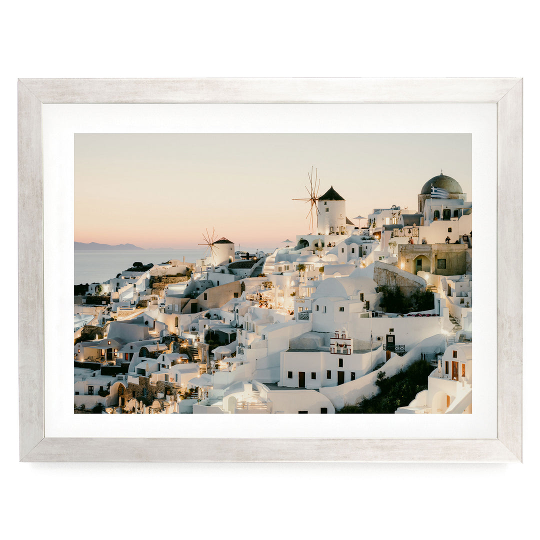 Sunset in Oia IV, Santorini, Greece print in a silver frame with white mat