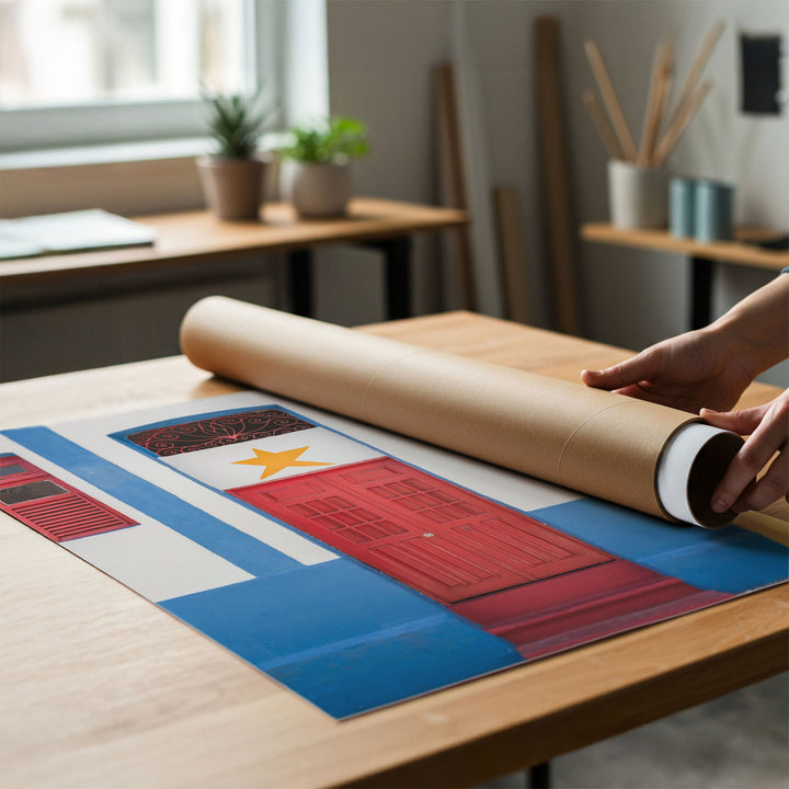 Red Door with Yellow Star, Olinda, Brazil rolled poster print mockup
