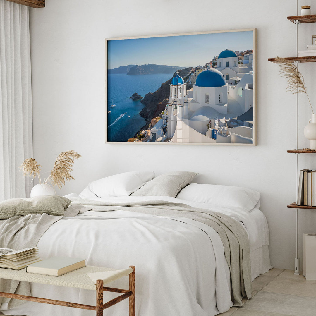 Blue Santorini, Oia, Greece wall art displayed in a room setting