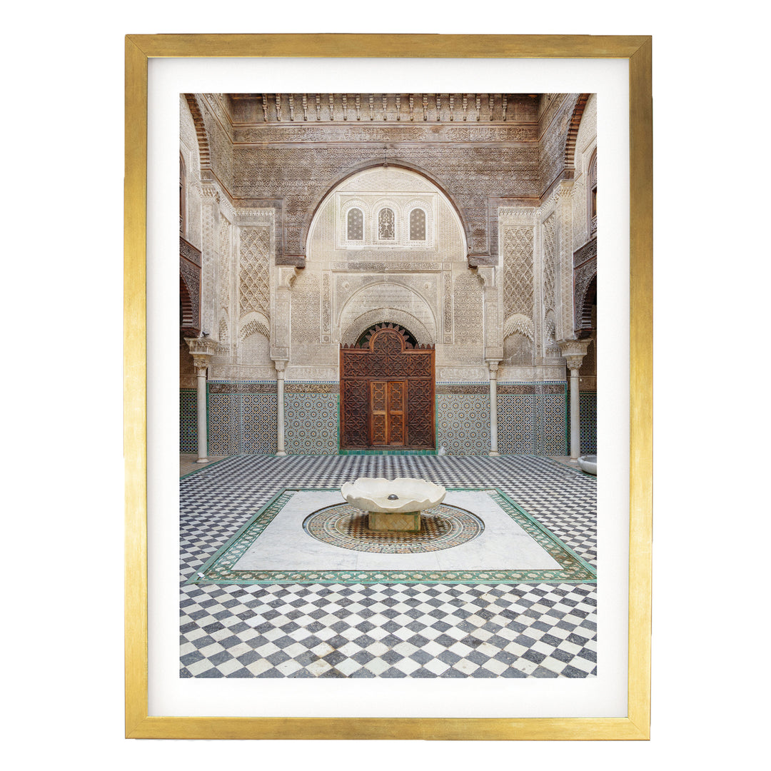 Madrasa Courtyard, Fes, Morocco print in a gold frame with white mat