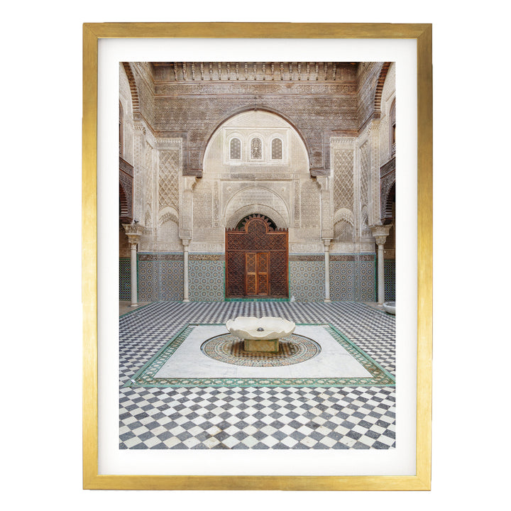 Madrasa Courtyard, Fes, Morocco print in a gold frame with white mat