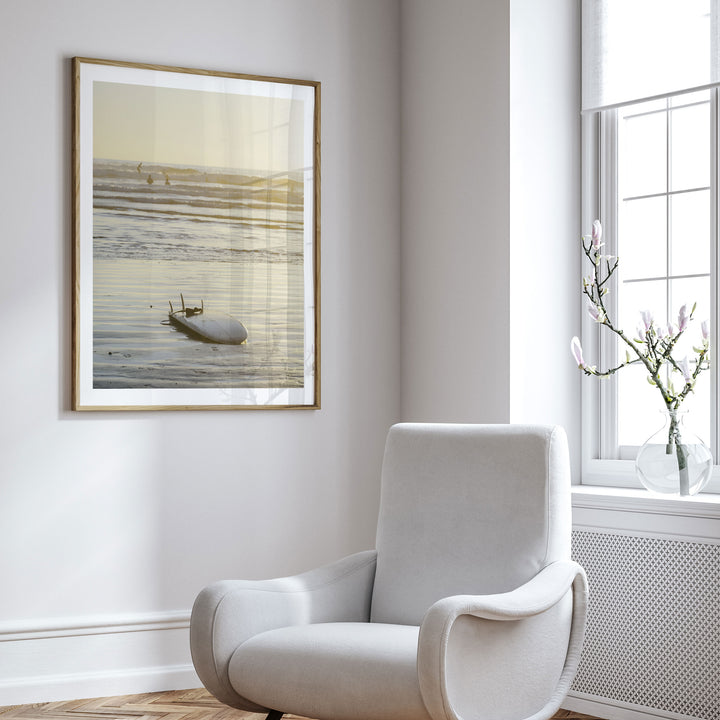 Surfboard at Sunset, Costa Rica framed wall art in a cozy interior