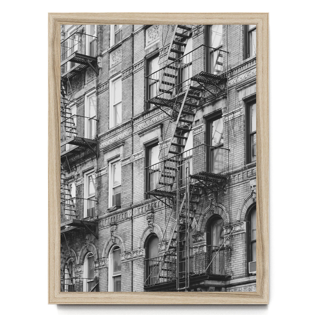 Fire Escapes, New York City – B&amp;W print in a natural wood frame without mat