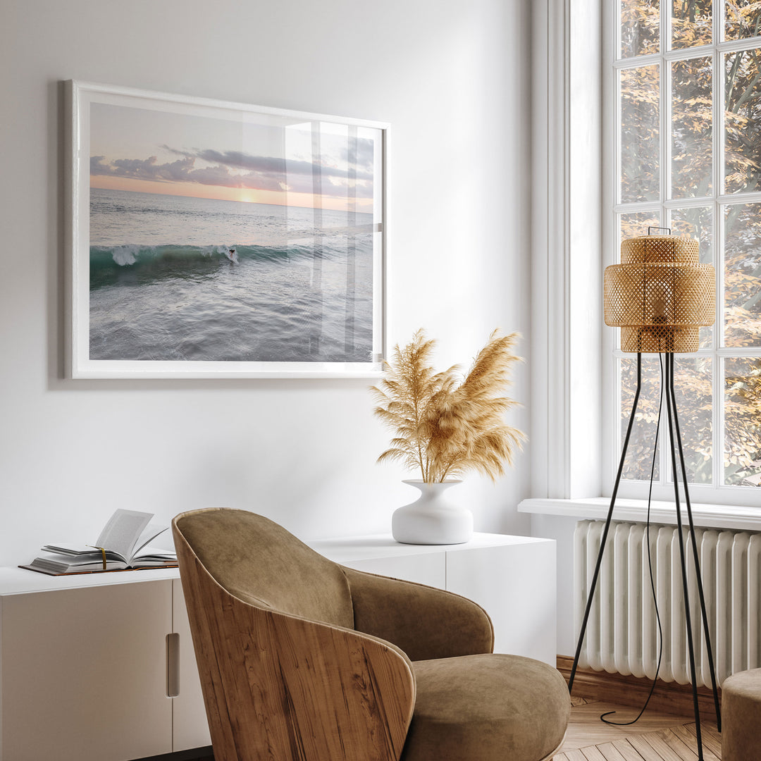 Riding the Wave at Sunset I, Costa Rica wall art displayed in a room setting