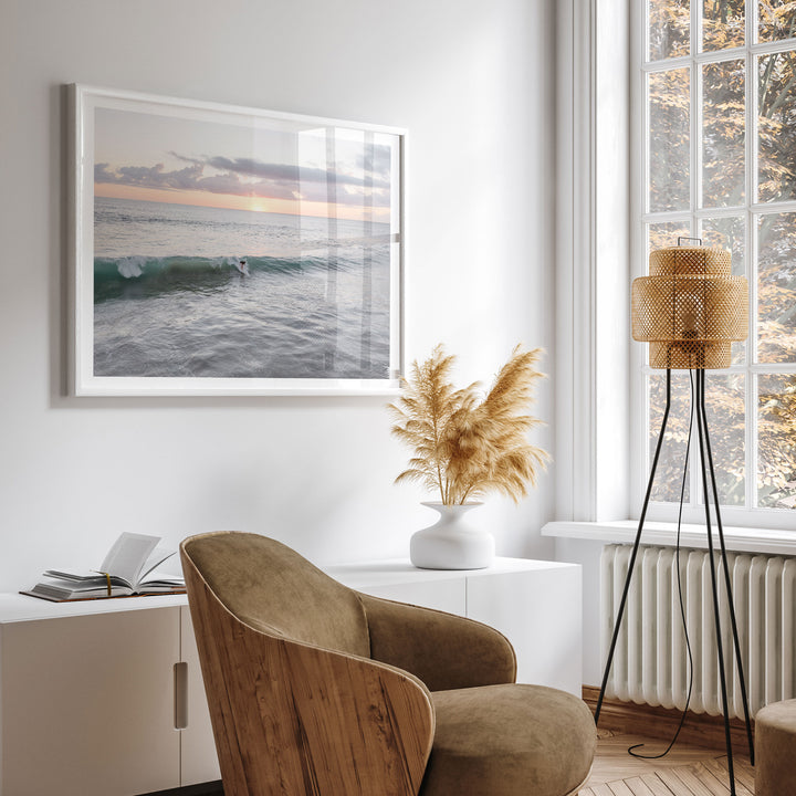 Riding the Wave at Sunset I, Costa Rica wall art displayed in a room setting