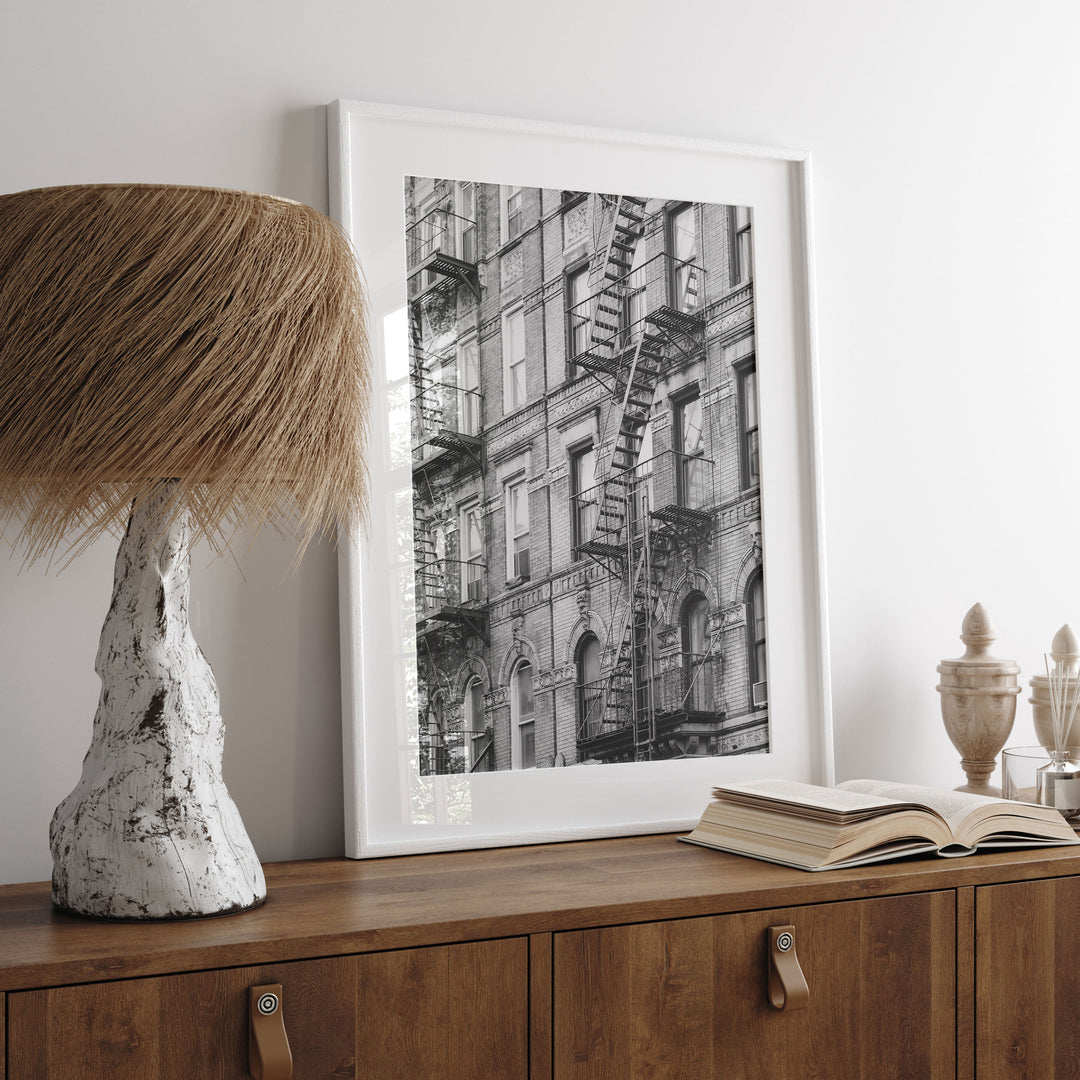 Fire Escapes, New York City – B&amp;W wall art displayed in a room setting