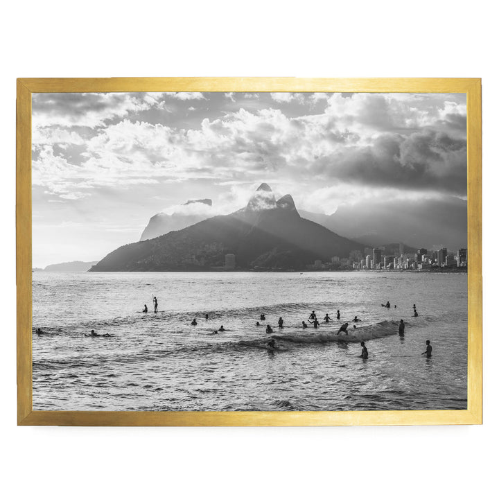 Sunlight over Ipanema, Rio de Janeiro, Brazil – B&amp;W print in a gold frame without mat