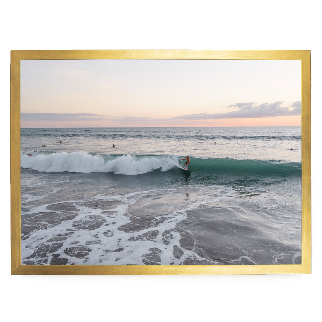 Riding the Wave at Sunset II, Costa Rica print in a gold frame without mat