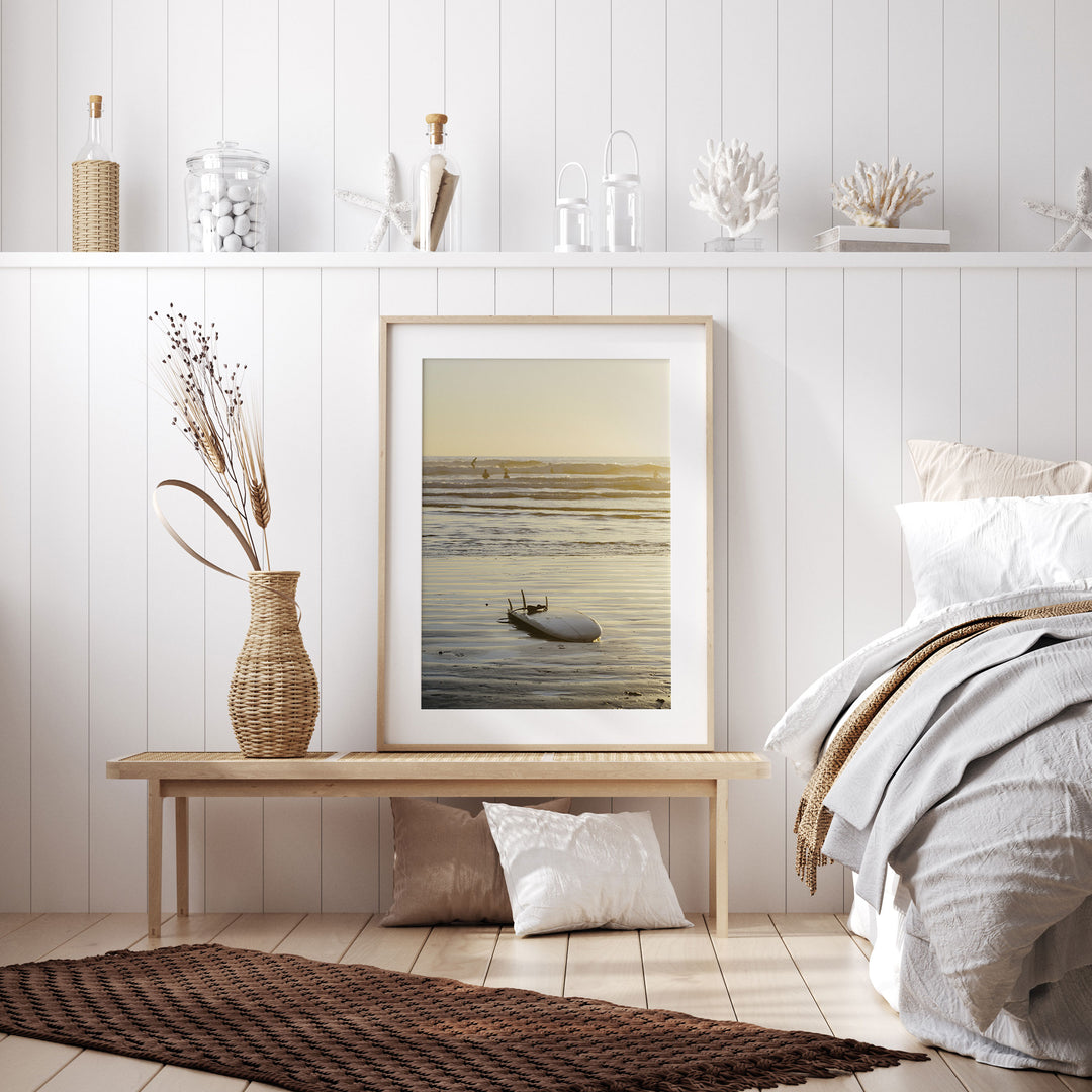 Surfboard at Sunset, Costa Rica framed wall art in a home interior