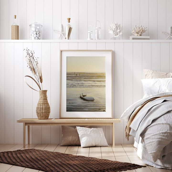 Surfboard at Sunset, Costa Rica framed wall art in a home interior