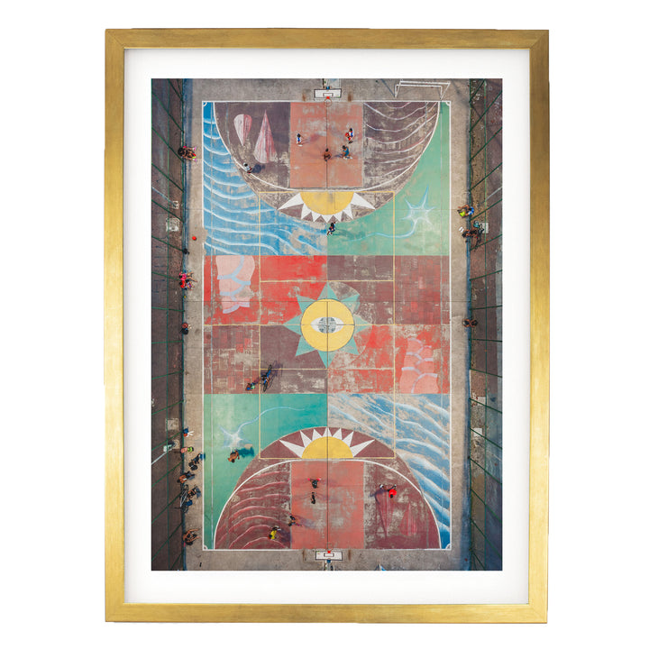 Painted Basketball Court from Above, Brazil print in a gold frame with white mat
