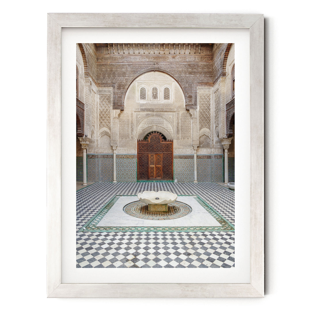 Madrasa Courtyard, Fes, Morocco print in a silver frame with white mat