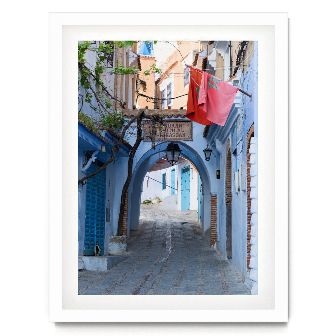 Moroccan Flag in the Blue City, Chefchaouen print in a white frame with white mat