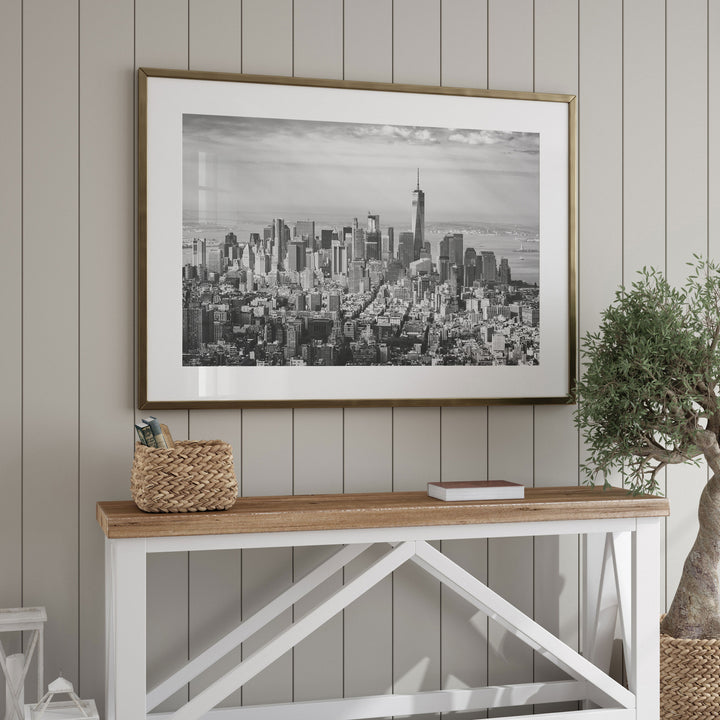 Manhattan Skyline from Above, New York City – B&amp;W framed wall art in a home interior