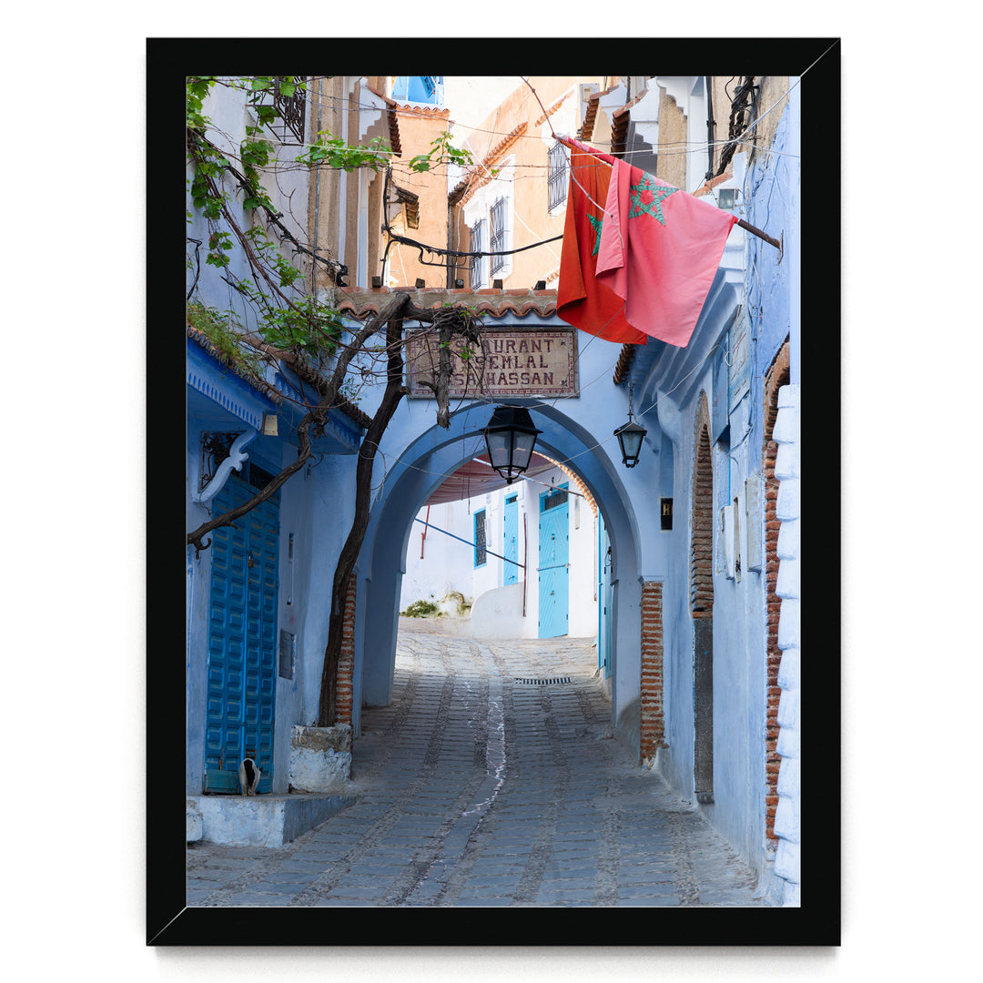 Moroccan Flag in the Blue City, Chefchaouen print in a black frame without mat