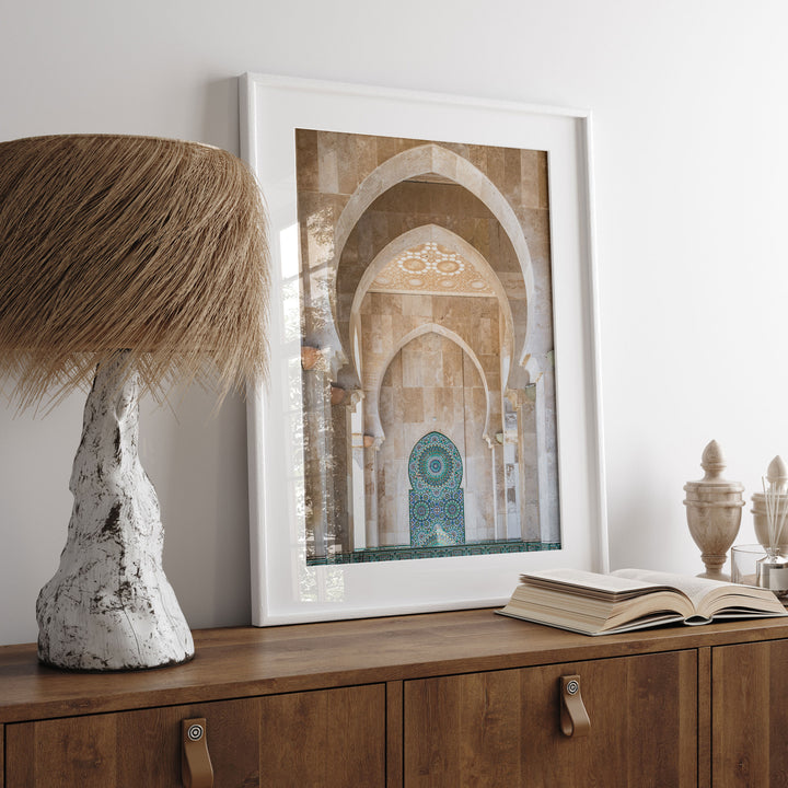Mosaic Archway, Hassan II Mosque, Casablanca print displayed in a bedroom setting