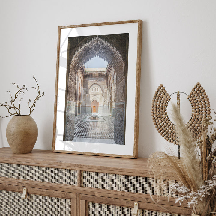 Ornate Madrasa Archway, Fes, Morocco framed print styled on the wall