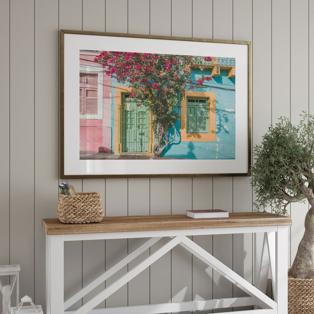Bougainvillea and Green Door II, Olinda, Brazil framed wall art in a home interior