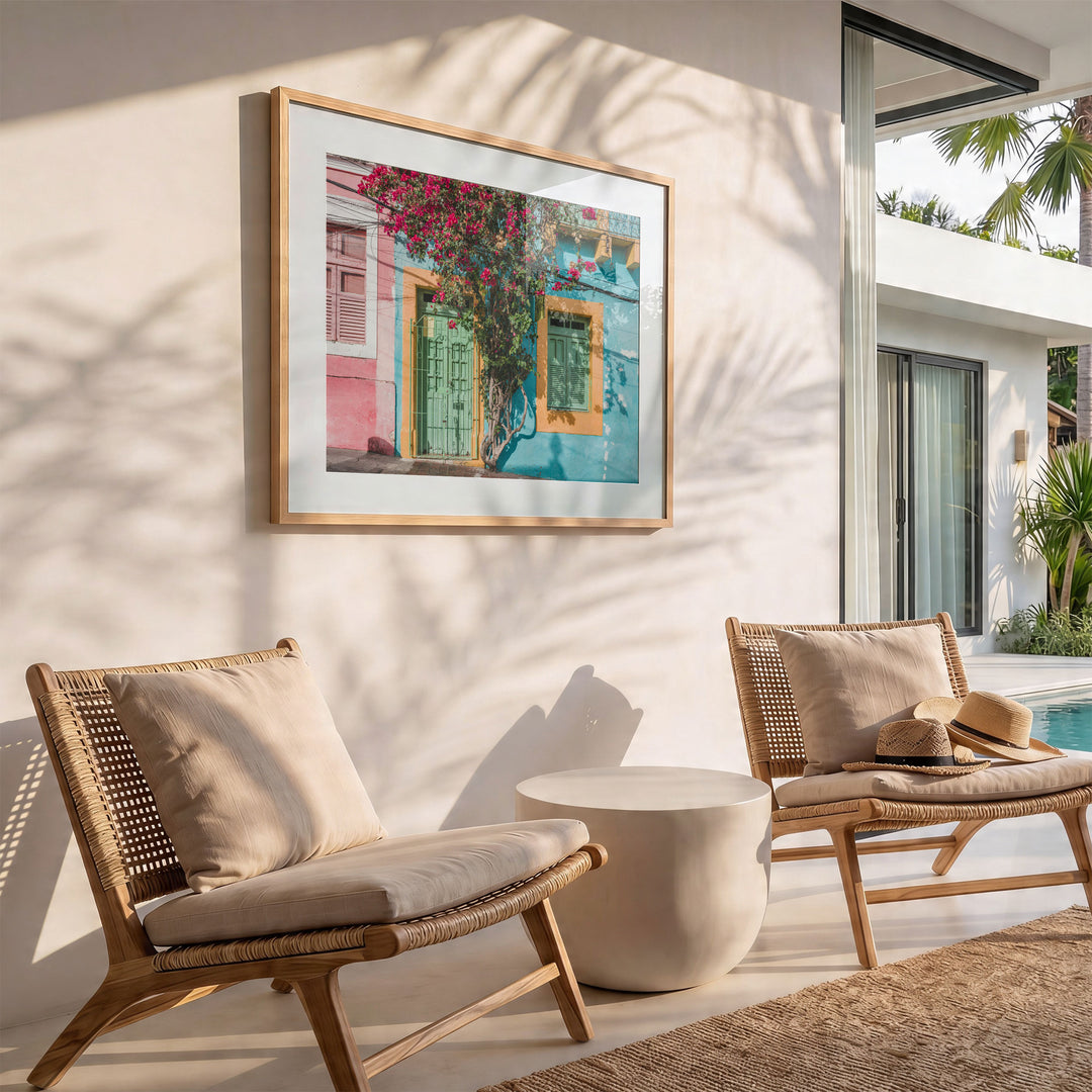 Bougainvillea and Green Door II, Olinda, Brazil wall art in a modern interior