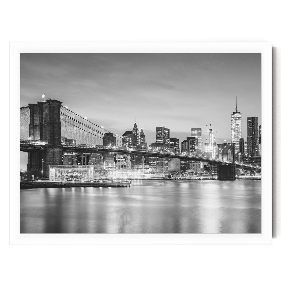 Brooklyn Bridge and Skyline at Dusk, New York City – B&amp;W print in a white frame without mat