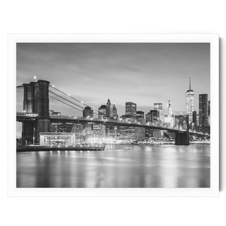 Brooklyn Bridge and Skyline at Dusk, New York City – B&amp;W print in a white frame without mat