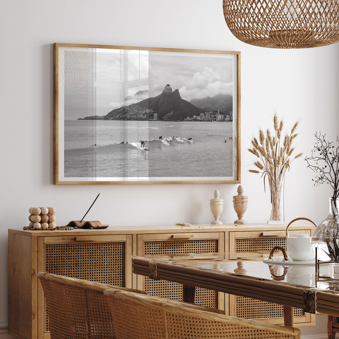 Surfers at Ipanema, Rio de Janeiro, Brazil – B&amp;W framed print hanging in a styled interior