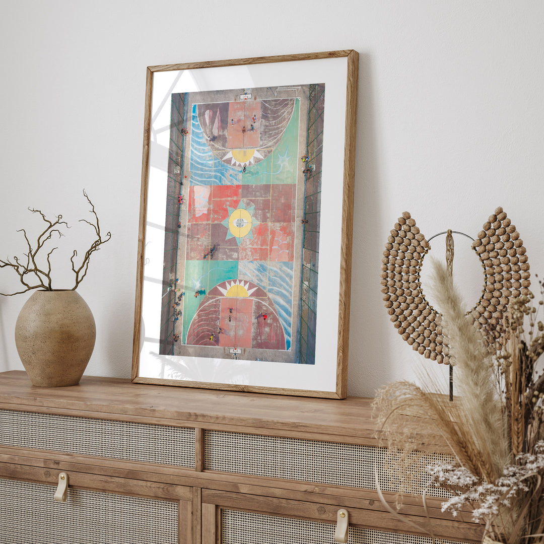 Painted Basketball Court from Above, Brazil framed print styled on the wall