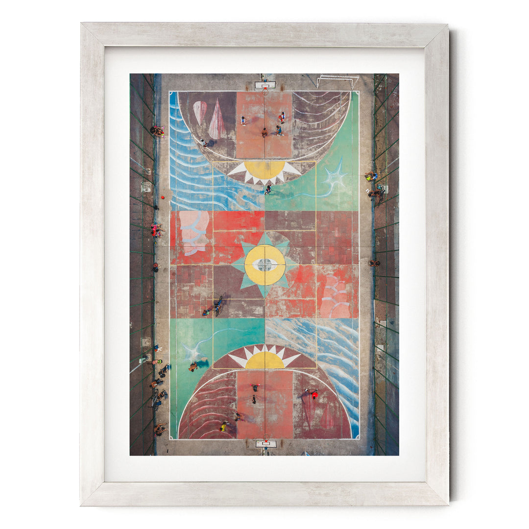 Painted Basketball Court from Above, Brazil print in a silver frame with white mat