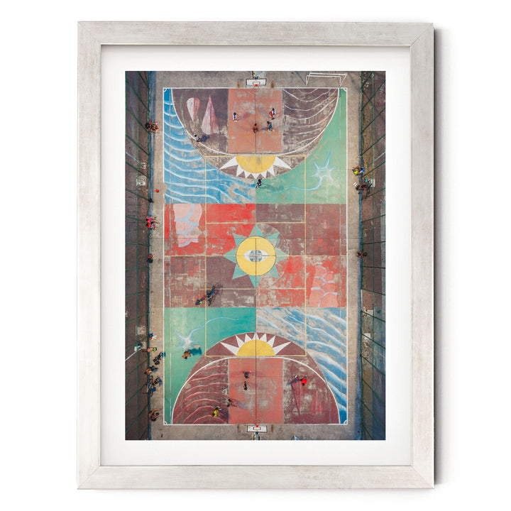 Painted Basketball Court from Above, Brazil print in a silver frame with white mat