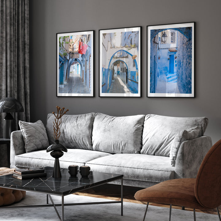 Blue City of Chefchaouen, Morocco print set of 3 framed prints in a contemporary home