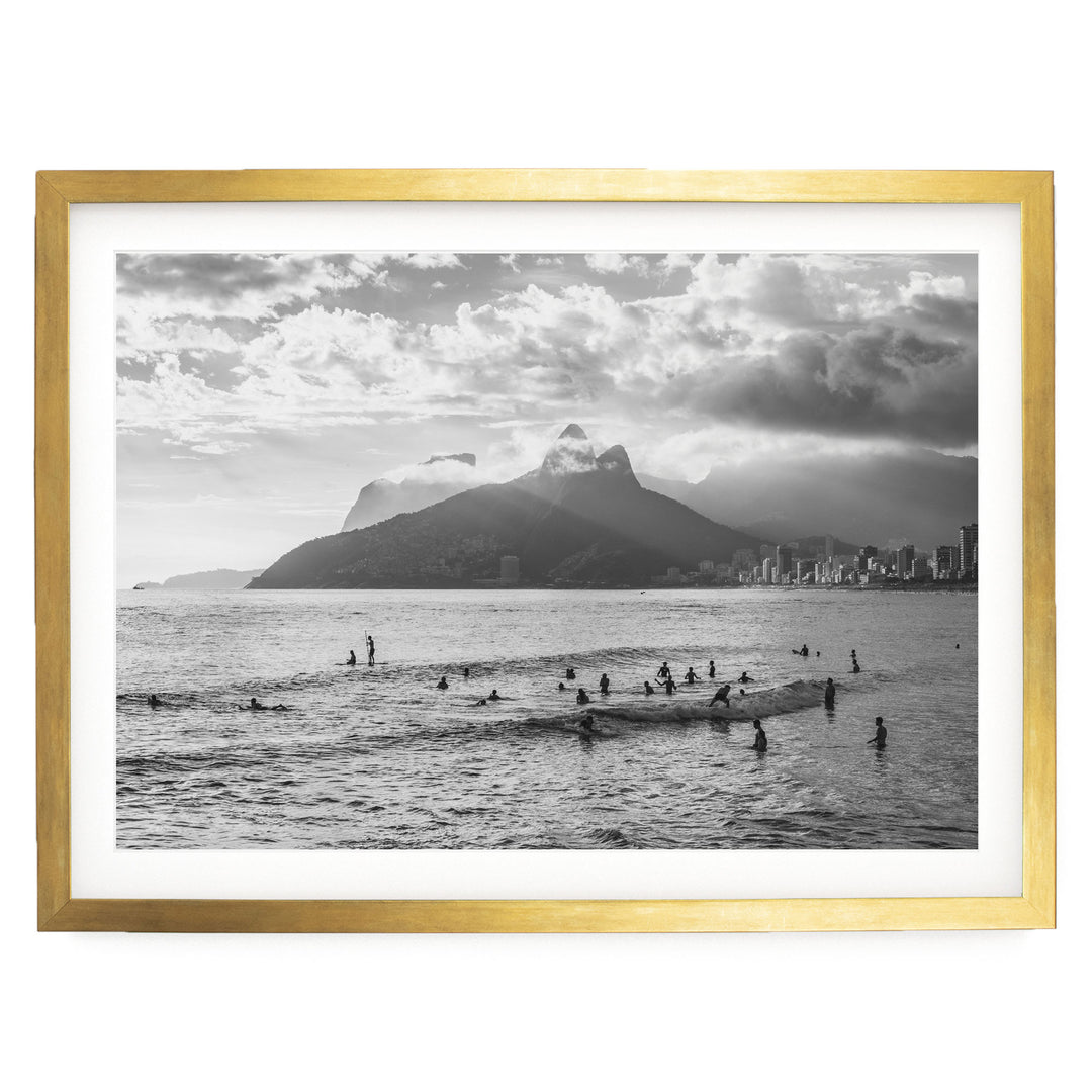 Sunlight over Ipanema, Rio de Janeiro, Brazil – B&amp;W print in a gold frame with white mat