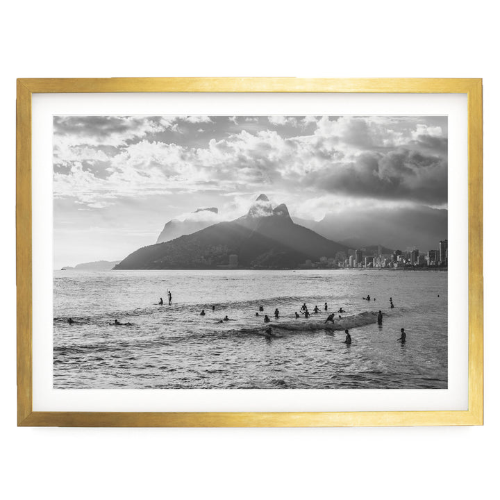 Sunlight over Ipanema, Rio de Janeiro, Brazil – B&amp;W print in a gold frame with white mat