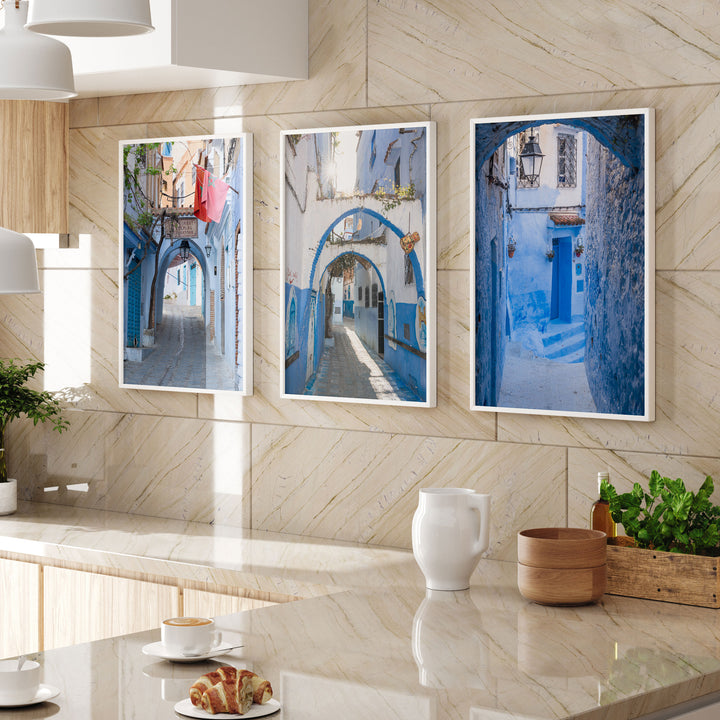 Blue City of Chefchaouen, Morocco print set of 3 framed prints in a modern interior