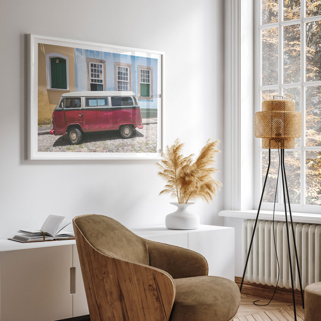 Red Kombi Van, Pelourinho, Salvador, Brazil wall art displayed in a room setting