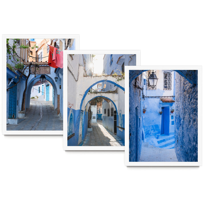 Blue City of Chefchaouen, Morocco print set of 3 in white frames without mat