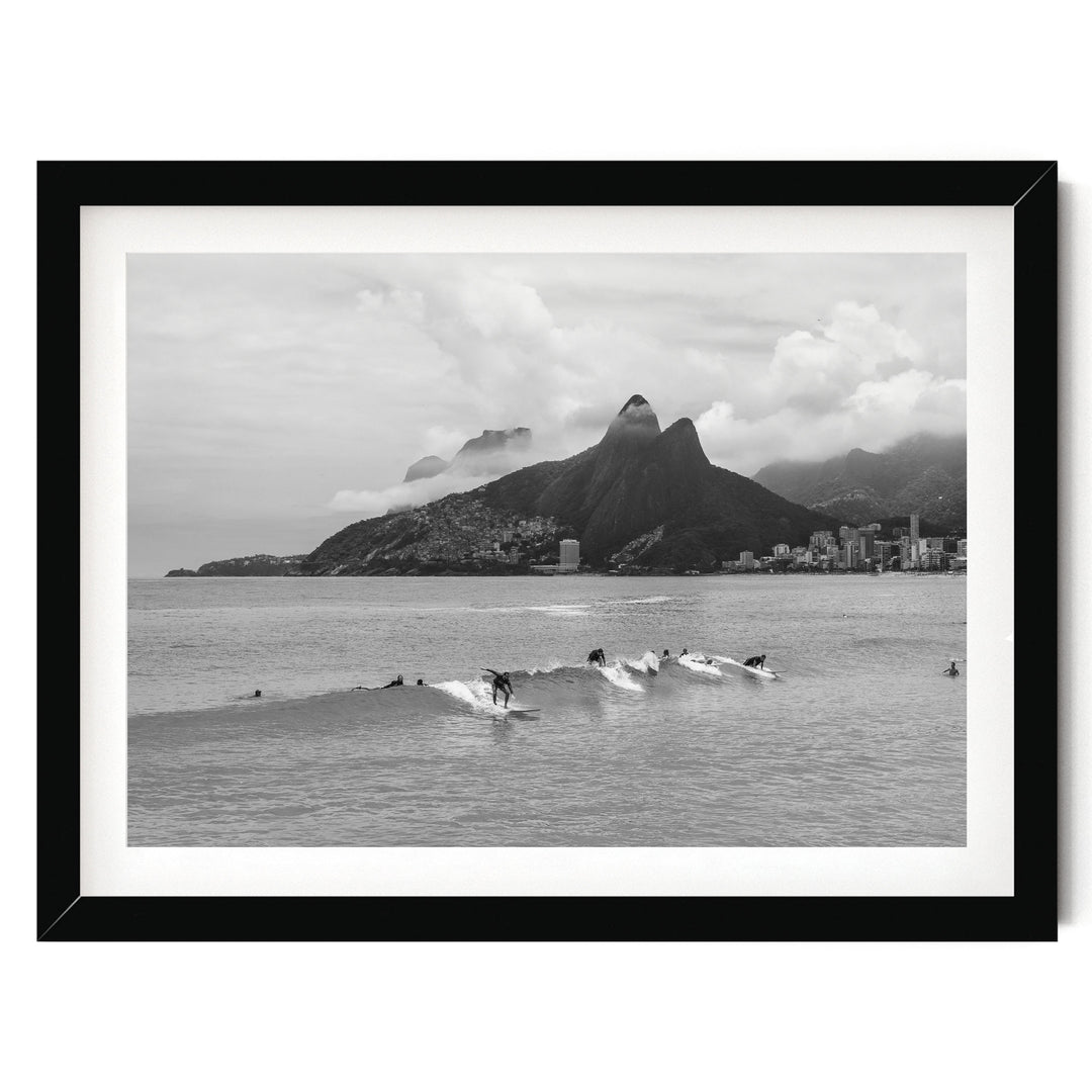 Surfers at Ipanema, Rio de Janeiro, Brazil – B&amp;W print in a black frame with white mat