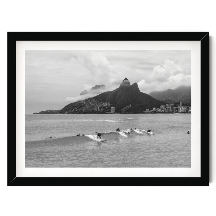 Surfers at Ipanema, Rio de Janeiro, Brazil – B&amp;W print in a black frame with white mat