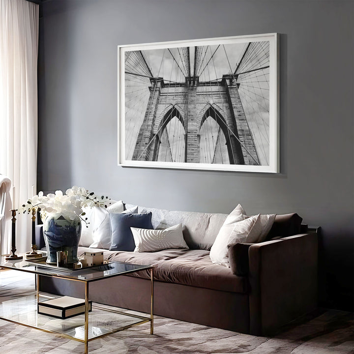Brooklyn Bridge Tower, New York City – B&amp;W print displayed in a bedroom setting