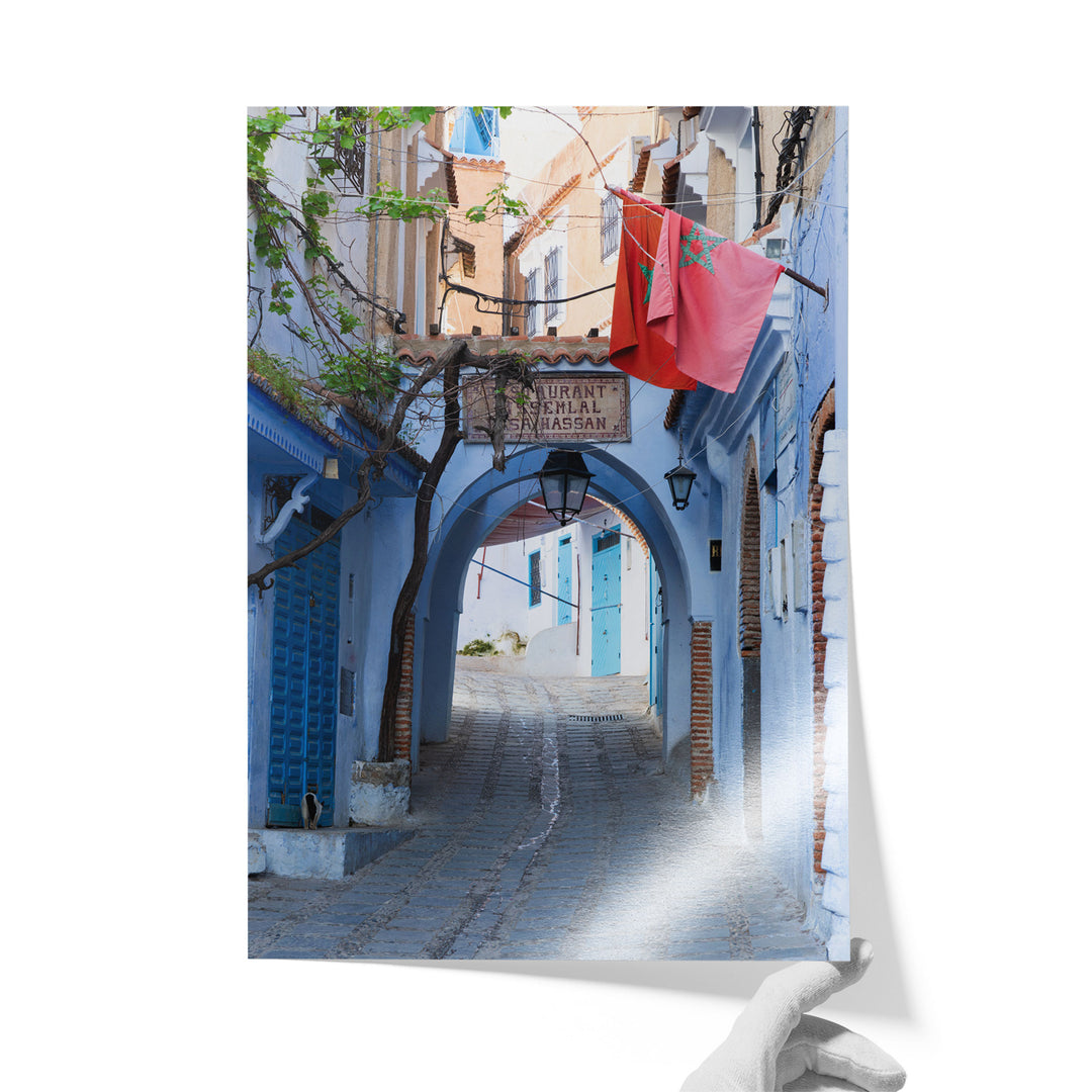 Moroccan Flag in the Blue City, Chefchaouen unframed print on lustre photo paper