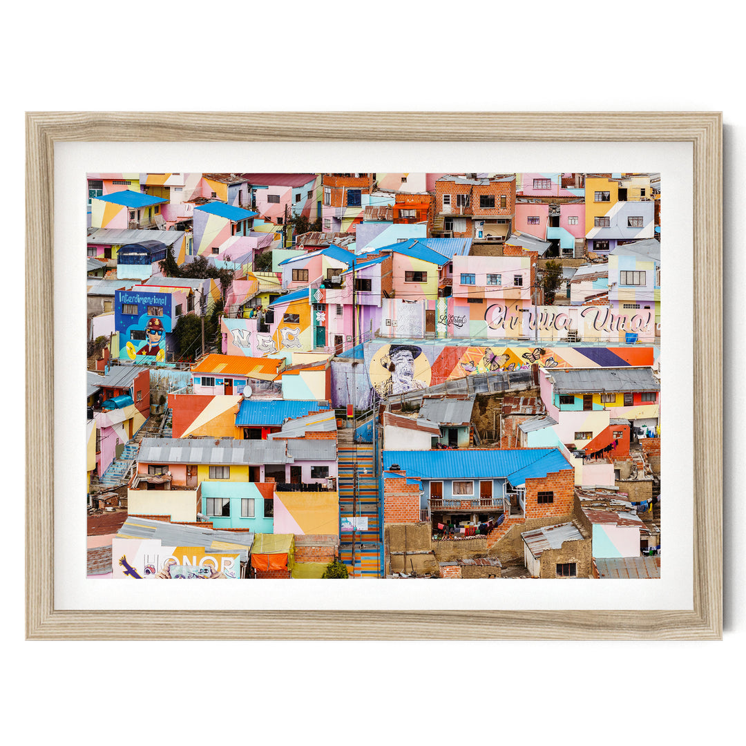Colorful Hillside Houses, La Paz, Bolivia fine art print in a natural wood frame with white mat